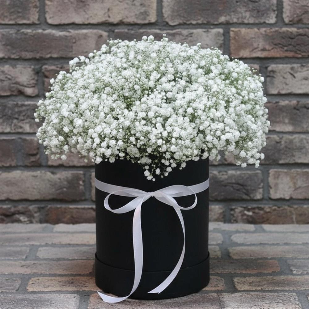 Цветочная композиция из Гипсофила в шляпной коробке в Истре Истринский район