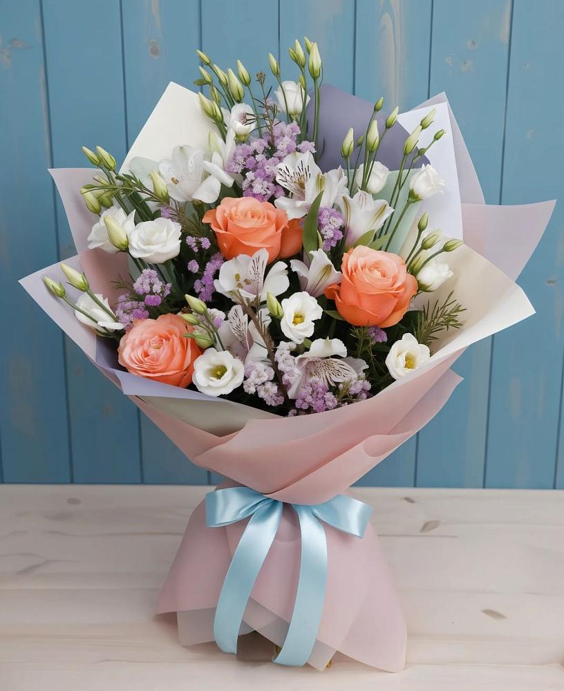 Букет цветов из: Лизиантусы, Розы, Альстромерии и Гипсофила в Истре Истринский район